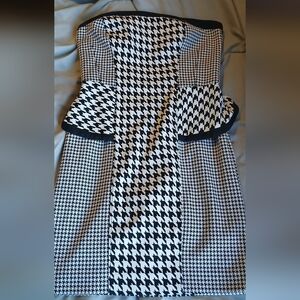 bebe Strapless Black and White Houndstooth Peplum Dress
